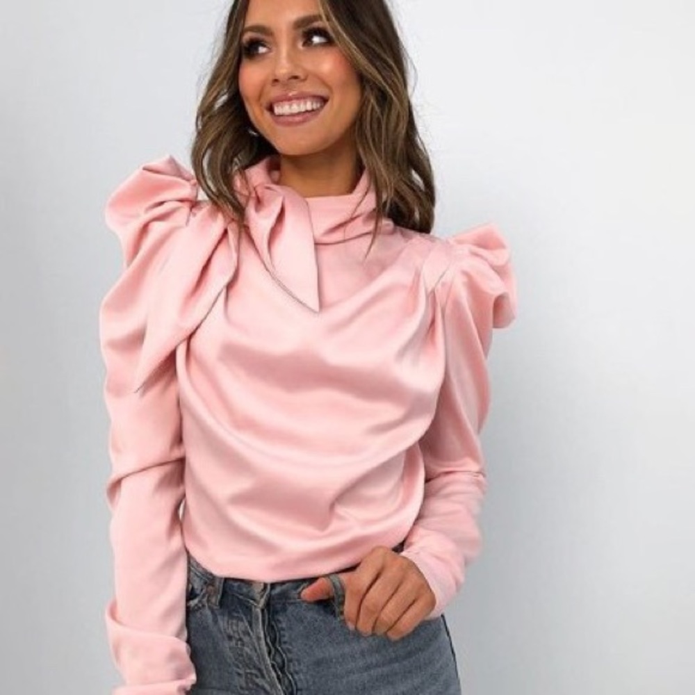 Satin Puff Longsleeve Blouse Tie Neck Zipper Pink